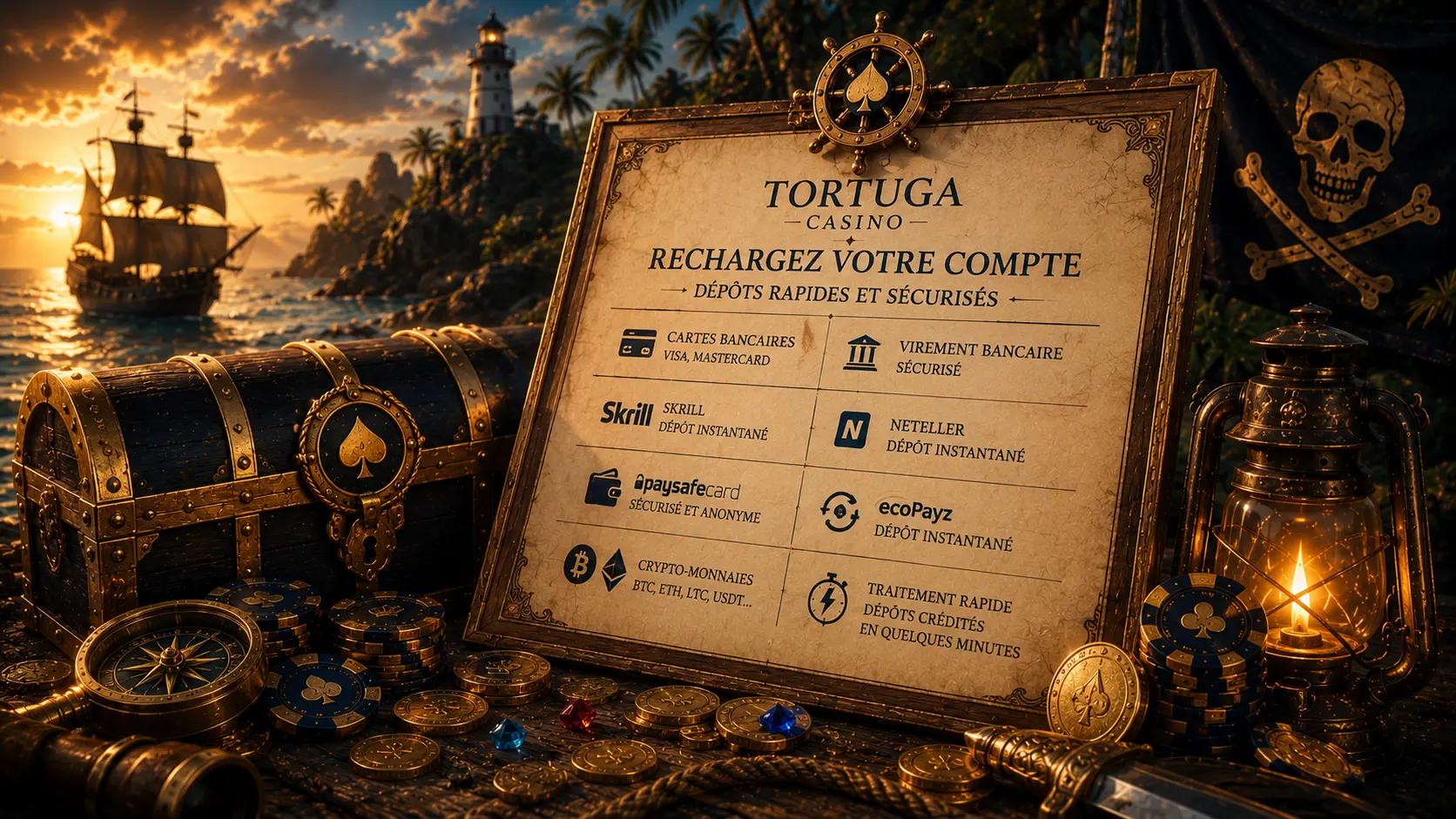Moyens de paiement de Tortuga Casino : cartes, Skrill, Neteller, virement et Bitcoin
